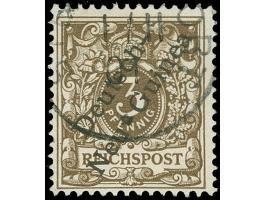 1897, 3 Pf dunkelockerbraun sauber gestempelt, mit Plattenfehler “Bruch der Bandrolle rechts unten”