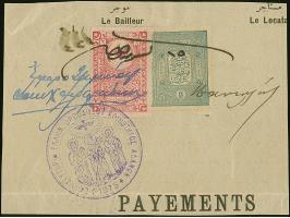1875, Receipt part bearing two ottoman revenues 2 ghr. rose-carmine and 3 ghr. grey-blue tied by large violet “Holy Greek Ort