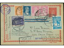1943, Two postal stationery cards 3 krs. and 5 krs. each used uprated to air mail high postal rate 93/94 krs., different cens