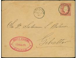 1891, King Luis 50 r. rose postal stationery envelope send with steam ship owner oval ds. ‘MOSES D.BENCHIMOL LISBOA 12/AGO/91