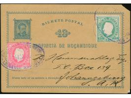 1892, Postal stationery card 10 r. blue uprated with two singles 10 r. green and 20 r. rose tied by oval Lourenco Marques 24/