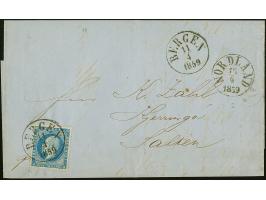 1859, Oscar 4 sk. blue with postmark BERGEN 11.4.1859 Letter to Kjärringö, Salten, with adjacent ship mail postmark NORDLAND 