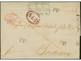 1836, folded envelope from Christiania sent to Bordeaux stamped black "PP." and octagonal “T.T.HAMBURG 25.APR.36” and red "A.