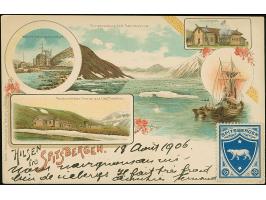 1906. Decorative four-part lithograph postcard ‘HILSEN FRA SPITSBERGEN’ bearing polar bear stamp ´Spitsbergen´ 10 ore blue on