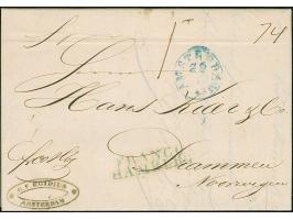 1846, "FRANCO / HAMBURG", L2 in blau vorderseitig auf Brief mit blauem EKr. “AMSTERDAM 29/9” nach Drammen Norwegen mit handsc