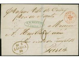 1823, folded envelope cancelled “24/3/LISBOA/58”, ms. ‘Vapeur Ville de Cadiz / Voie de Nantes’ and adressed to Paris, transit