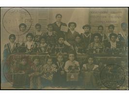 1913, Postcard from a school for seamstresses during italian occupation of SCARPANTO, showing teachers and pupils with sewing