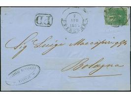 1858, 4 cr. green on white on envelope, cancelled FIRENZE 7 Apr. 1858, addressed to Bologna, arrival 8 APR 58 on reverse, sta