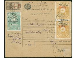 1921, Turkey in Asia: 5 x 50 pia. ochre, 1 pia. green and 3 pia. on 4 pa. brown with red overprint tied on front and reverse 