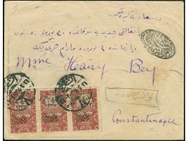 1921, Hejaz railway fiscal 1 pia. stripof three tied by ‘ANGORA 8’ cds. to registered cover to Constantinople, on reverse var