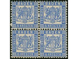 1862/66, 6 Kr. ultramarin im Viererblock, die beiden unteren Werte mit Plattenfehlern (Handbuch 1/26 bzw. 1/63), postfrisch. 