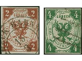 1859, 2 Sch braun und 4 Sch. dunkelgrün, beide farbfrisch und voll- bis breitrandig, sauber gestempelt. Rückseitig kleine Ste