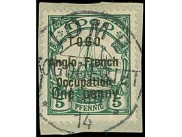 1914, One penny on 5 Pfg., Zeilenabstand 3 mm, sauber gestempelt auf Briefstück. Signiert Bothe BPP und Kurzbefund Dr. Paulig