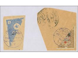 1922, Two bisected stamps including Religious Tribunals Fiscal 5 pia. ultramarine, both tied by fieldpost ‘SAHRA POSTASI 102’
