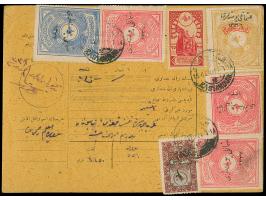 1921, Notarial Fiscal 50 pia. brownish-yellow type I tied to money transfer card together with 1 pia. ultramarine and 5 pia. 