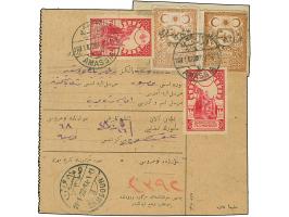 1922, Notarial Fiscal 100 pia. brown two stamps tied to money transfer card by 'AMASSIA 1- 16.1.22' cds., arrival mark 'SAMSU