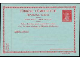 1938, Atatürk postal stationery card 5 krs. deep red on greenish-blue, unused, very fine (isfila cat. value 380€) (Isfila AN1