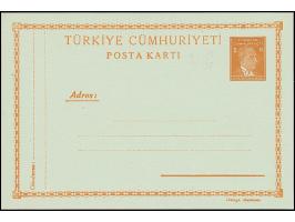 1944, Atatürk postal stationery card 3 krs. orange on greenish, ‘Türkiye Cumhuriyeti’ 79mm, unused, very fine and scarce (isf