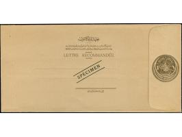 1914,  Registered envelopes 1 pia. all three sizes overprinted SPECIMEN. Small size beige paper, medium size yellowish-white 