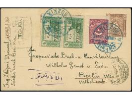 1922, Grand National Assembly postal stationery card 2 krs. brown, with black handstamped surcharge, used uprated with cresce