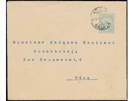 1909, 1 pia. light blue postal stationery envelope, clear cancelled GALATA 20.3.1910 (1328), used local with arrival mark PER