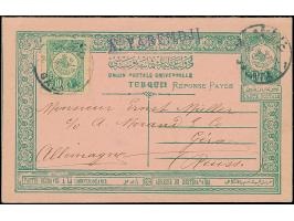 1909, 10 pa.+10 pa. green postal stationery answering card complete, used uprated with 10 pa. green at left tied by GALATA 22