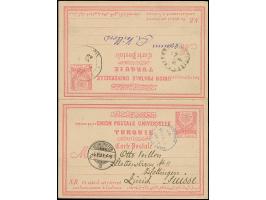 1891, 20 pa.+20 pa. pale rose with pale flesh background postal stationery answering card complete used with violet POSTES OT
