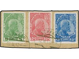 1912, 5 H bis 25 H kompletter Satz von drei Werten auf gestrichenem Papier, je vollständige Zähnung, sauber gestempelt SCHAAN