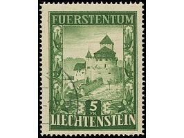 1952, Schloss Vaduz 5 Fr schwarzgrün, gez. 14¾, sauber gestempelt, tadellos.
