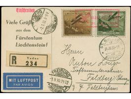 1930, kompletter Flugpost-Satz auf Luftpost-R-Brief und R-Karte mit rotem Rahmen-Sonderstempel 1. Postflug Vaduz - St. Gallen