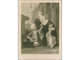 1843, Old steel engraving: “The Turkish letter writer and two women with a child”. Due to the high illiteracy rate, there wer