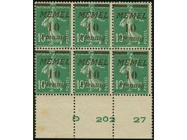 1922, 10 Pfg. a. 10 C. dunkelgrün, UR-6er-Block m. Druckdatum “E20227”, postfrisch, linkes Unterrandfeld gering stockig, sons