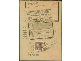 Theresienstadt, 1944, frankierter Einlieferungsschein für einen R-brief ins Lager, angeheftet an einen Bezugsschein für eine 