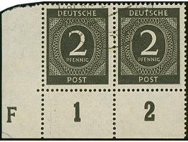 1946, Ziffern 2 Pfg., linkes unteres Eckrandpaar mit Druckerzeichen ‘großes F’, sauber gestempelt, KB H.-D. Schlegel BPP (Mi.