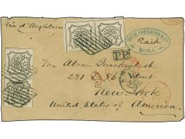 1866, 8 baj. black on white, two pairs on cover front only from Rome to New York via England, each tied by diamond grill canc