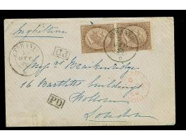 1864, Vittorio Emanuele II pair 30 c. brown on cover Taranto to London via France, paying the 60 c. single rate by the French