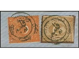 1865, BURGAZ 283 (1867) all arabic black cancellation on piece bearing 2 pia. blue. additional piece with Filibe 81 cancellat