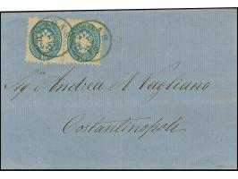 1865, Folded letter from Burgas to Constantinople bearing Lomb.-Ven. pair 10 sld. blue tied by very fine single circle ‘BURGA