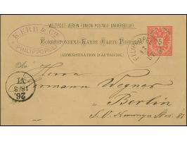 1883/86, Zwei Ganzsachenkarten aus der Korrospondenz Erb, je entwertet FILIPPOPEL und CONSTANTINOPEL, dazu fünf Marken mit Fi
