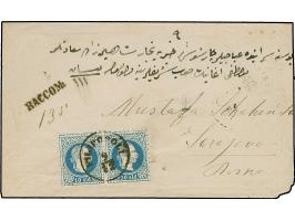 1879, Umschlag mit Paar 10 sld. blau als Einschreiben entwertet FILIPPOPELI 9/12 nach Sarajevo, rs. Transitstempel Constantin