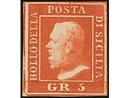 1859, 5 gr. vermilion, Plate I and II, two unused examples showing shades, full margins, fine. Signed Thier, Raybaudi and Sor
