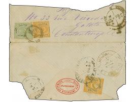 1876, 20 pa. green and 1 pia. yellow on large piece tied by all arabic EDIRNE in black to Constantinople, at arrival 1 pia. y