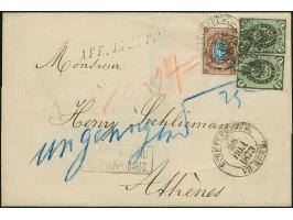 1864, 3 k. black/green, two singles, in combination with 1866 10k. brown/blue, fresh colors and good perforation, tied by cds
