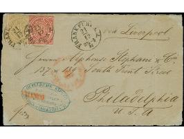 1868, 3 Kr rosa und 18 Kr ockerbraun (unauffällige vertikale Bugspur bzw. min. Schere) auf Überseebrief von FRANKFURT a.M. 21