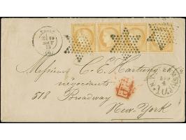 1873, Ceres 15 c. yellowish-brown two pairs, performing 60 c. rate, tied to envelope by Paris Star cancellation, red PD and P