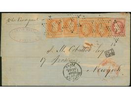 1869, Napoleon 40 c. orange two pairs (perforation significantly shifted), and 80 c. carmine, performing 240 c. rate, tied to