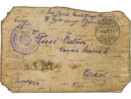 1915, Wood card from 33rd regiment cancelled TABORI POSTA HIVATAL 915/JUL/17 to Arad with label on reverse: ‘kitunteles 33rd 