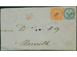 1969, French Post Office in Pondicherry: General Issues 1859/65 Eagle 40 c. vermilion and 20 c. blue performing single rate 6