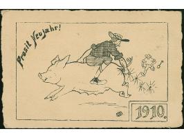 1909, Neujahrs-Karte mit Zeichnung Schwein und Diamanten "Gruß von den Diamantfeldern Deutsch-Südwestafrikas" aus OKAHANDJA 2