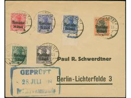 1918, Firmenbrief mit sechs Werten bis 30 Pf., dabei 20 Pf in zwei Farben, Stempel Bukarest 28.Jul.18, großer blauer R3 “Gepr